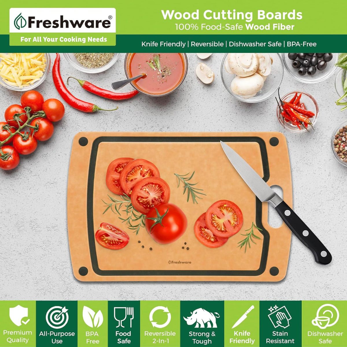 Cutting Board for Kitchen, Wood Cutting Board with Juice Grooves, Dishwasher Safe, Non-Porous, BPA Free, Medium Cutting Board, 14.6 x 11-inch, Natural Slate