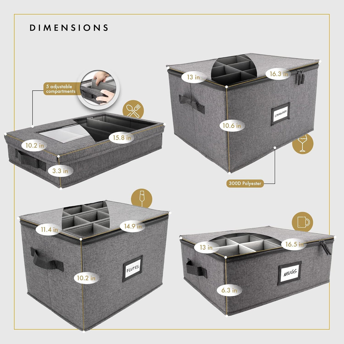 HOMELUX THEORY Champagne Flute Storage Box with Dividers, Hard Shell China Storage Containers, Heavy Duty Glassware Storage Box & Stemware Storage Container with Lid, Thick Surface, and Sturdy Handle