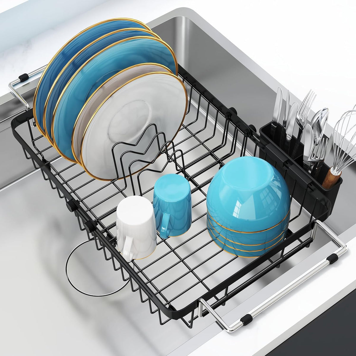 romision Expandable Dish Drying Rack Over The Sink Small Metal Stainless Steel Plate Holder for Compact Kitchen, Space Saving Modern Black Hanging Drainer