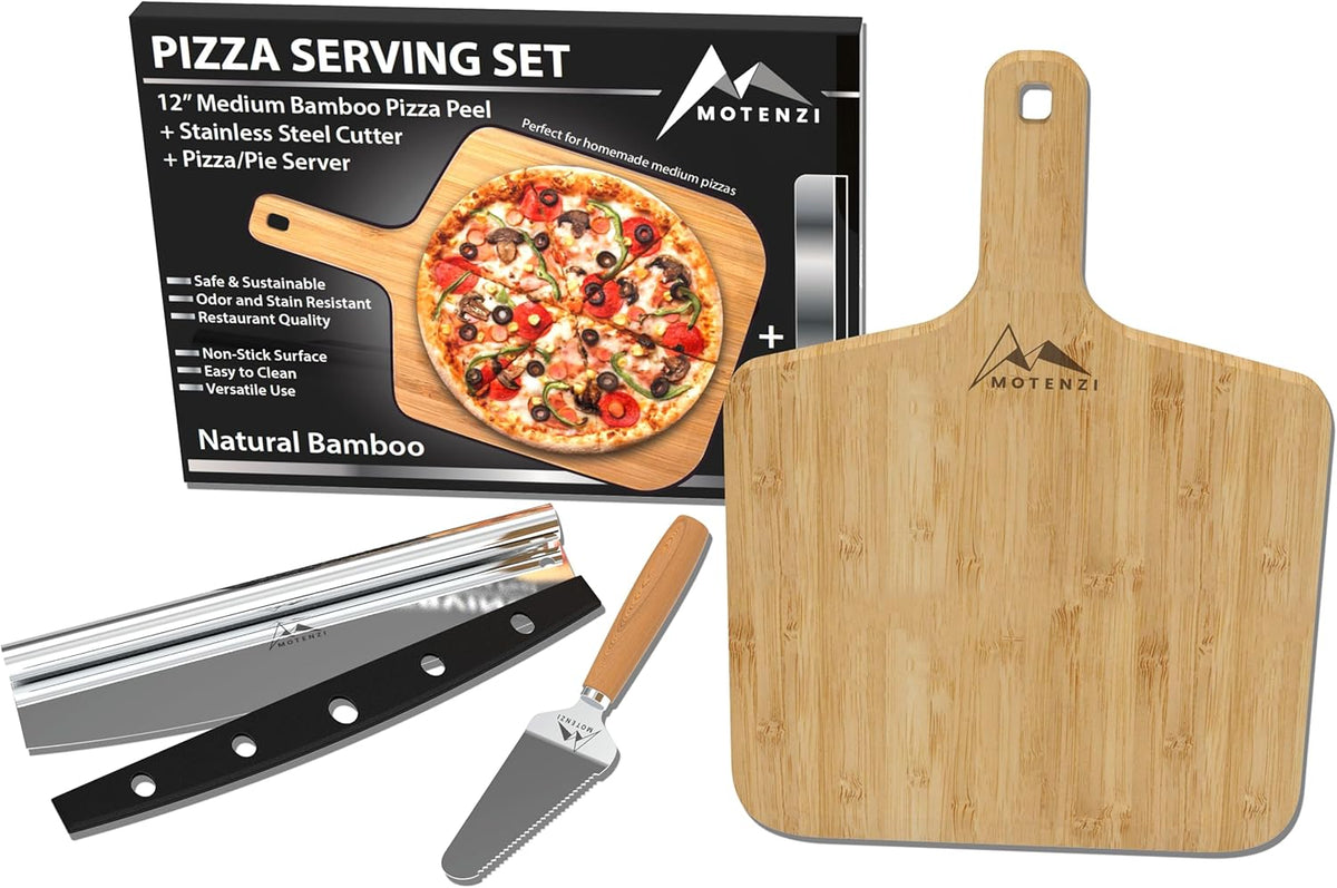 Bamboo Pizza Peel With Cutter and Server, Bamboo Pizza Board Wooden Pizza Paddle Spatula Oven Accessory for Baking Homemade Pizza, Wood Cutting Board for Cheese Bread Fruit Vegetables