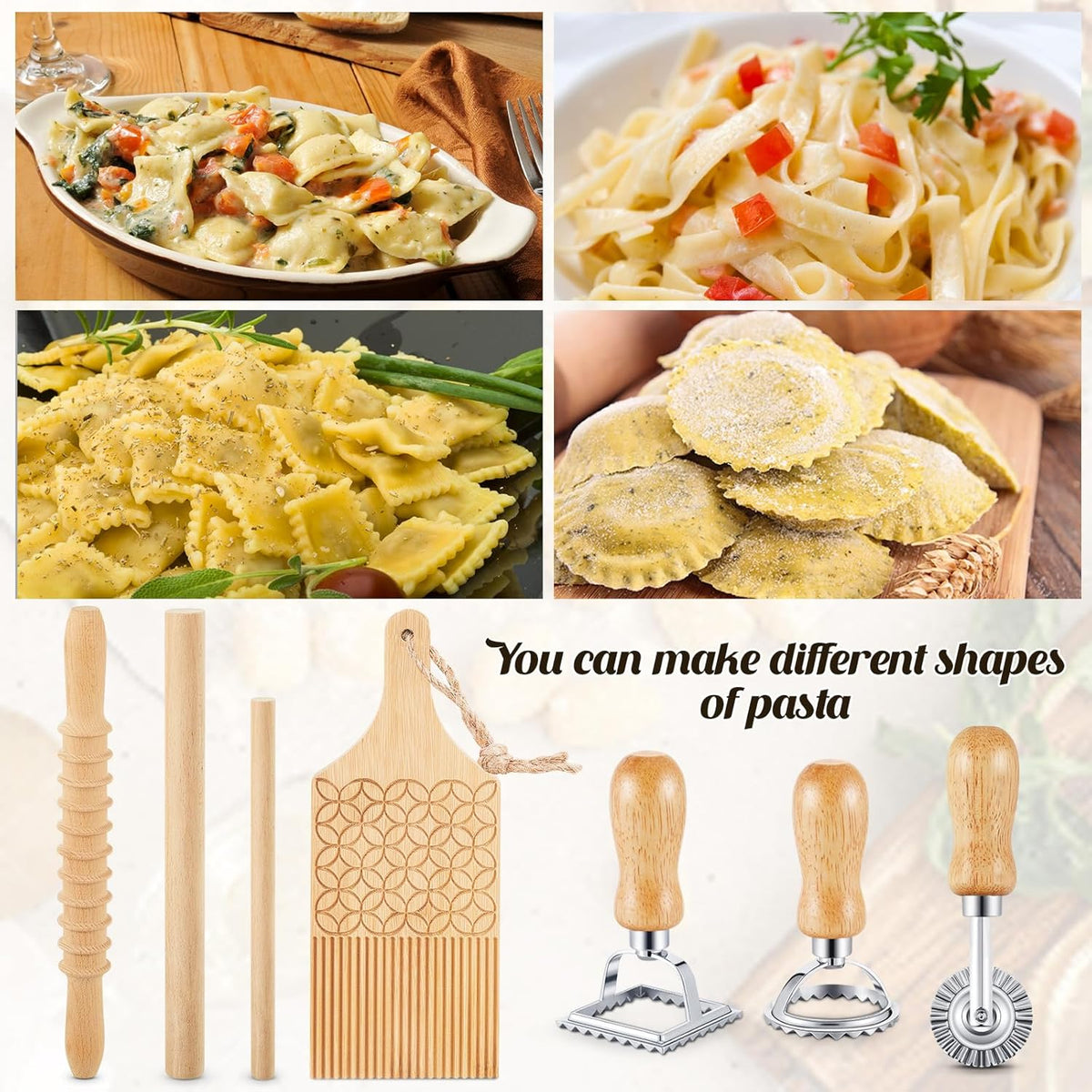 Tioncy 7 Pcs Gnocchi Pasta Making Tool, Wood Gnocchi Board with Ravioli Stamp and Rolling Pin Set Homemade Kitchen Gift for Baking Lovers(Dumpling Style)