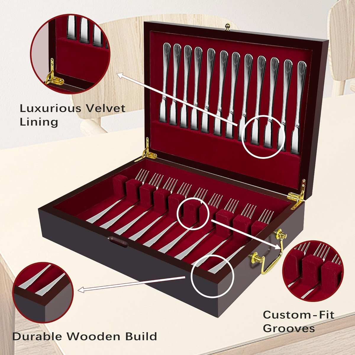 Silverware Storage Box Solid Wood with Lid, Silverware Organizer with Handle and Felt Lined, Silverware Storage Chest for Flatware and Utensils Home Decor Gift, Chest for Flatware Setting Up 15