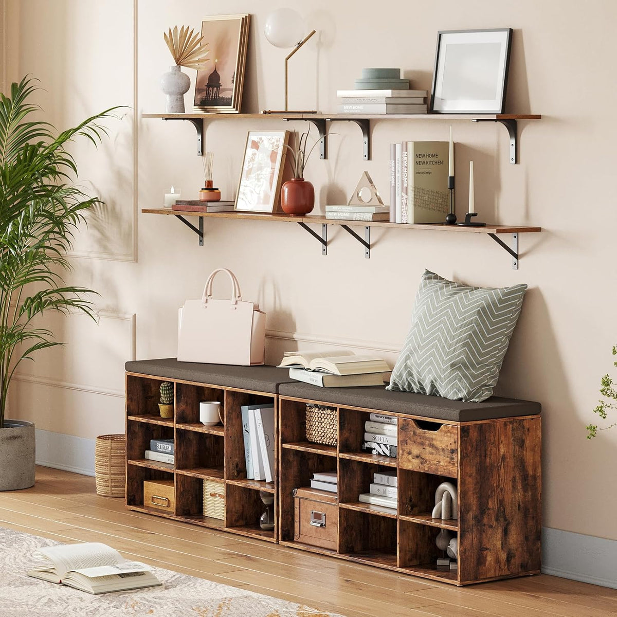 DINZI LVJ Long Wall Shelves, 31.5 Inch Wall Mounted Shelves Set of 2, Easy-to-Install, Wall Storage Ledges with Sturdy Metal Brackets for Living Room, Bathroom, Bedroom, Kitchen, Rustic Brown