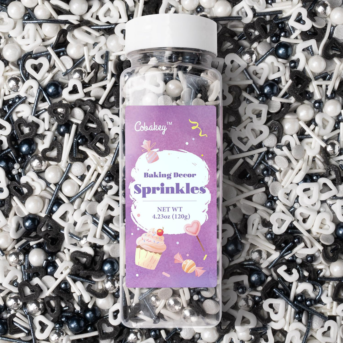 Black and White Heart Sprinkles for Cake Decorating 4.23ounce - Sugar Mix Contains Heart & Silver Pearl Sprinkles for Cupcake Toppers, Ice Cream, Candy, Cookie Decorations - Holiday Party Supplies