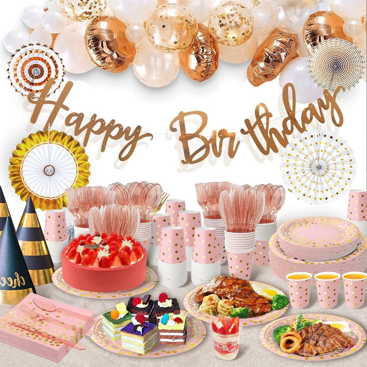 AIRE 350PCS Pink and Gold Party Supplies, Severs 50 Disposable Partyware, Gold Plastic Cutlery, Napkins, Plates for Baby Shower, Birthday, Wedding