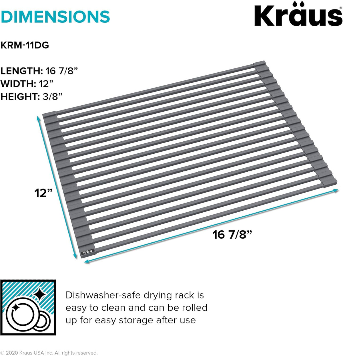 Kraus Multipurpose Workstation Sink Roll-Up Dish Drying Rack, Colander and Trivet in Dark Grey, KRM-11DG