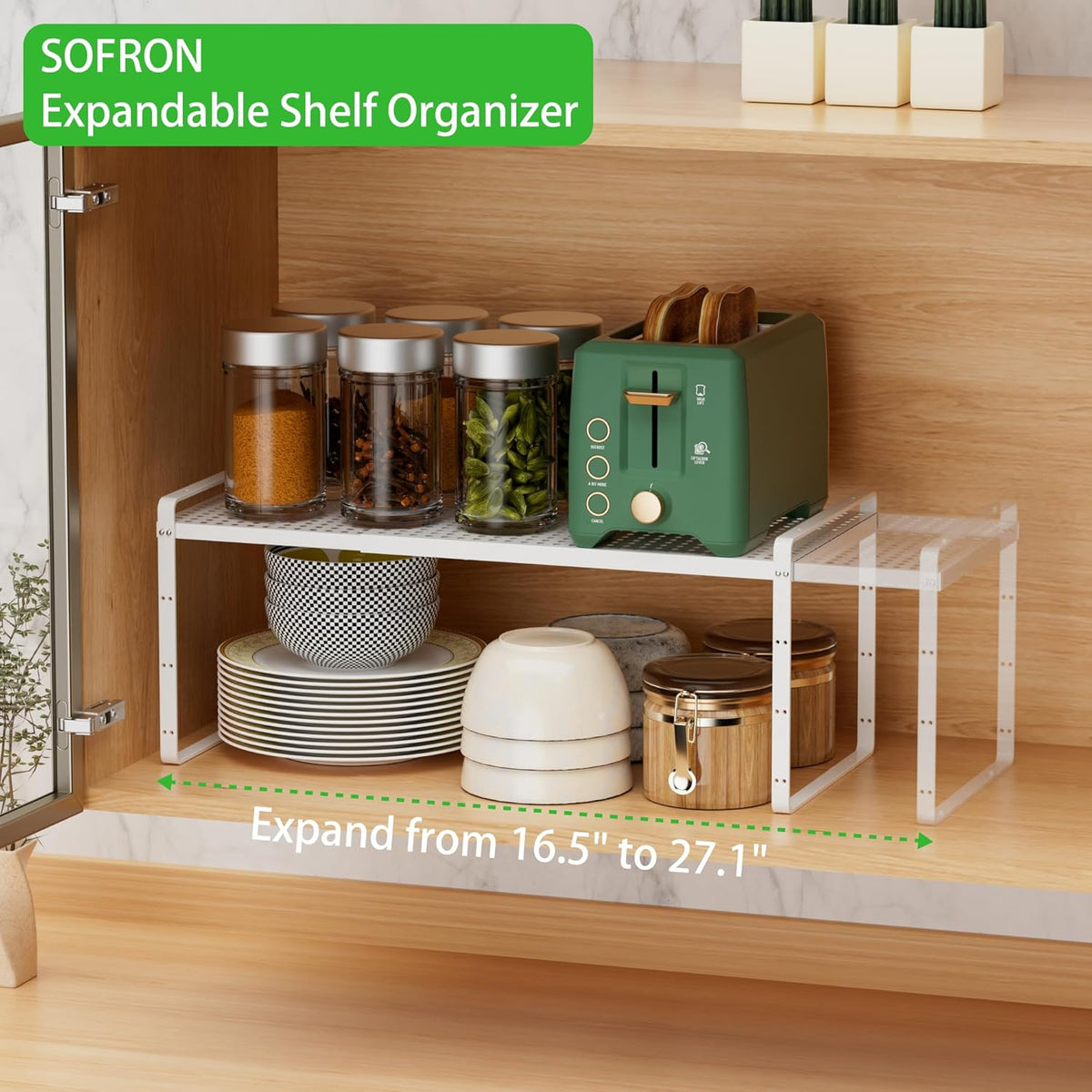 Expandable Cabinet Storage Shelf Stackable Organizer Rack for Kitchen Bathroom Pantry Spice Cupboard Coffee Countertop Home Office Desk Heavy Duty Nonslip White Large 2 Packs