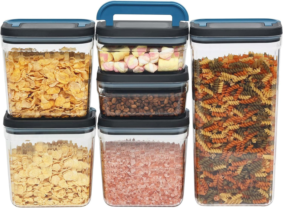 Flip-Lock Airtight Food Storage Containers 6-PC (0.6 Qt*2+1.6 Qt*3+3.4 Qt),Leakproof Ring Seal Top,Anti-Slip Pantry Canister for Flour Sugar,Coffee,Dog Food Treat,Rectangle Black