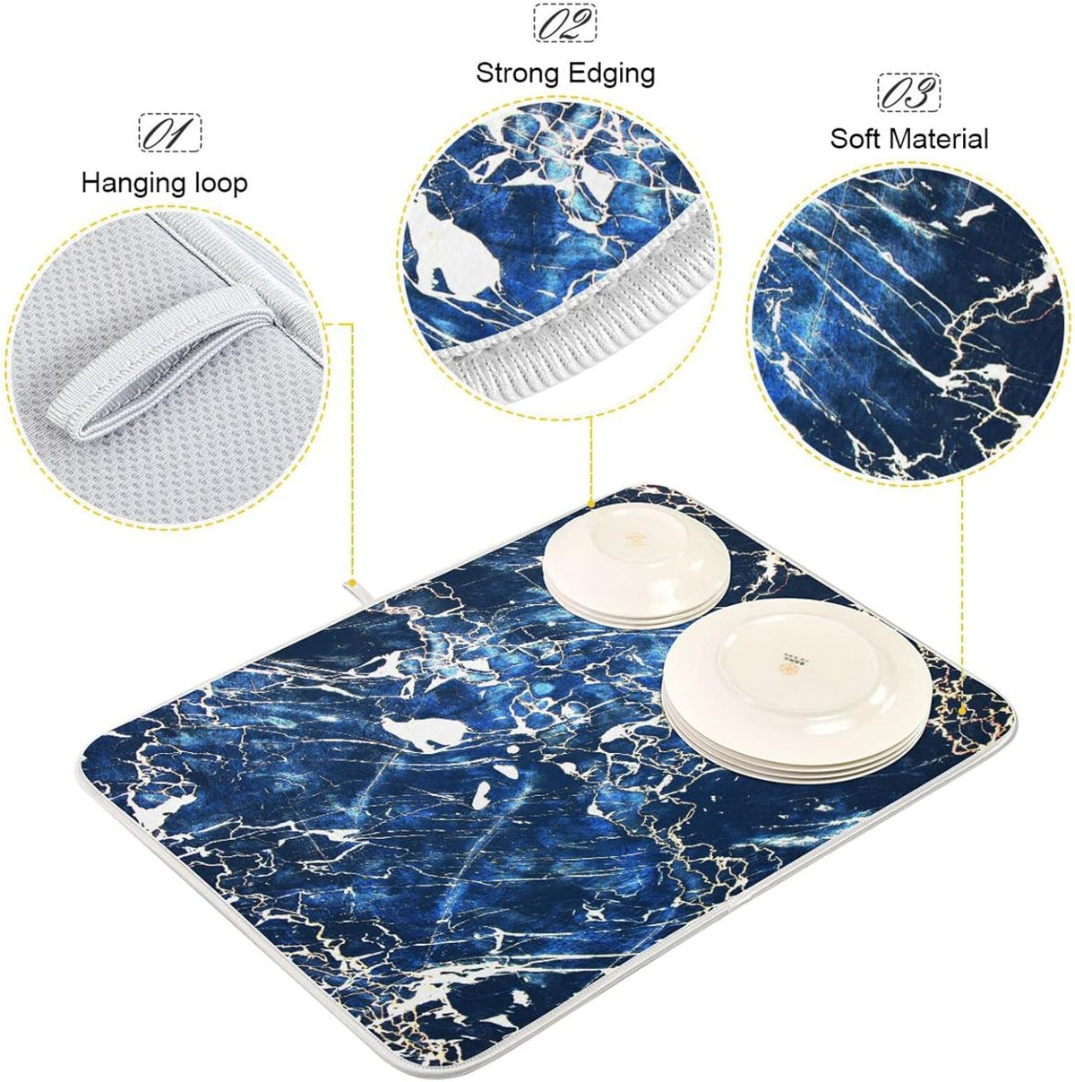 Super Absorbent Dish Drying Mat, Microfiber Fast-Drying Dish Mat, 16" x 18", Kitchen Dish Drying Pad, Marble Black Navy Blue