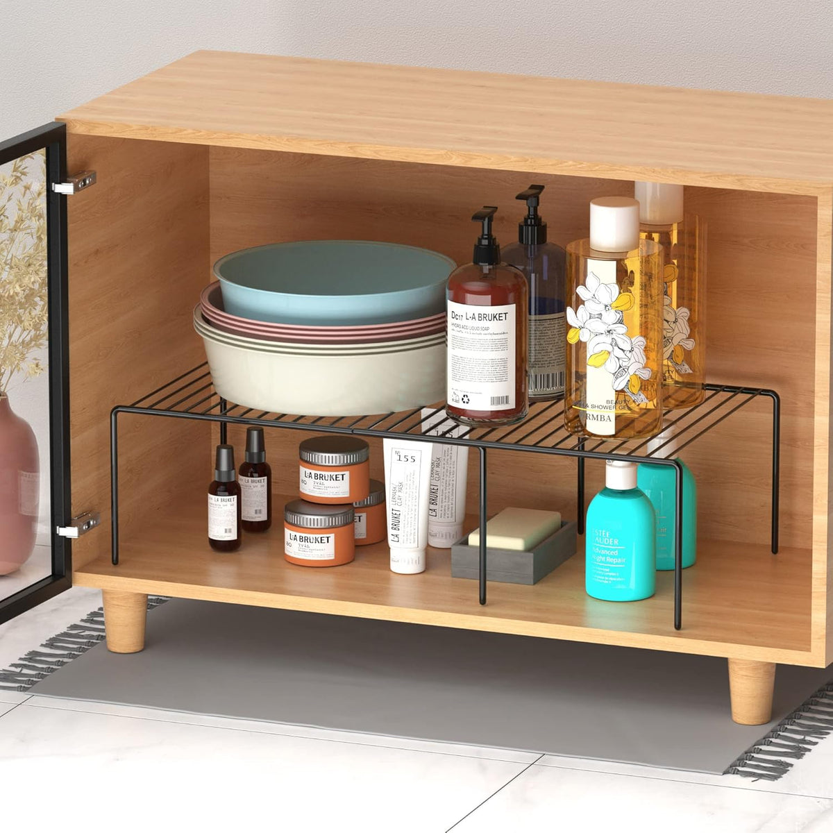 Redrubbit Cabinet Storage Shelf Rack, 8 Piece Expandable Metal Rustproof Kitchen Counter and Cabinet Shelf, Storage Rack Organizer Space Saver for Kitchen, Fridge, Cabinet, Bathroom, Black, Set of 4
