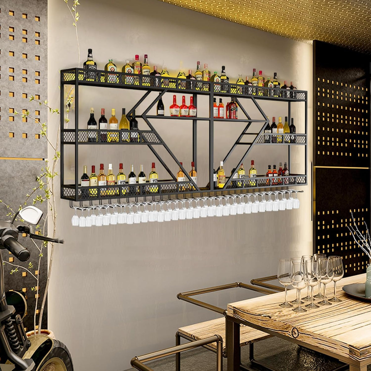 63in Metal Wine Rack Wall Mounted, Modern Wine Storage Rack Wall Mounted with Wine Glass Holder, Liquor Shelf, Bar Shelves for Liquor Bottles (3TIERS Black, 63 * 7.87 * 33.85INCH)