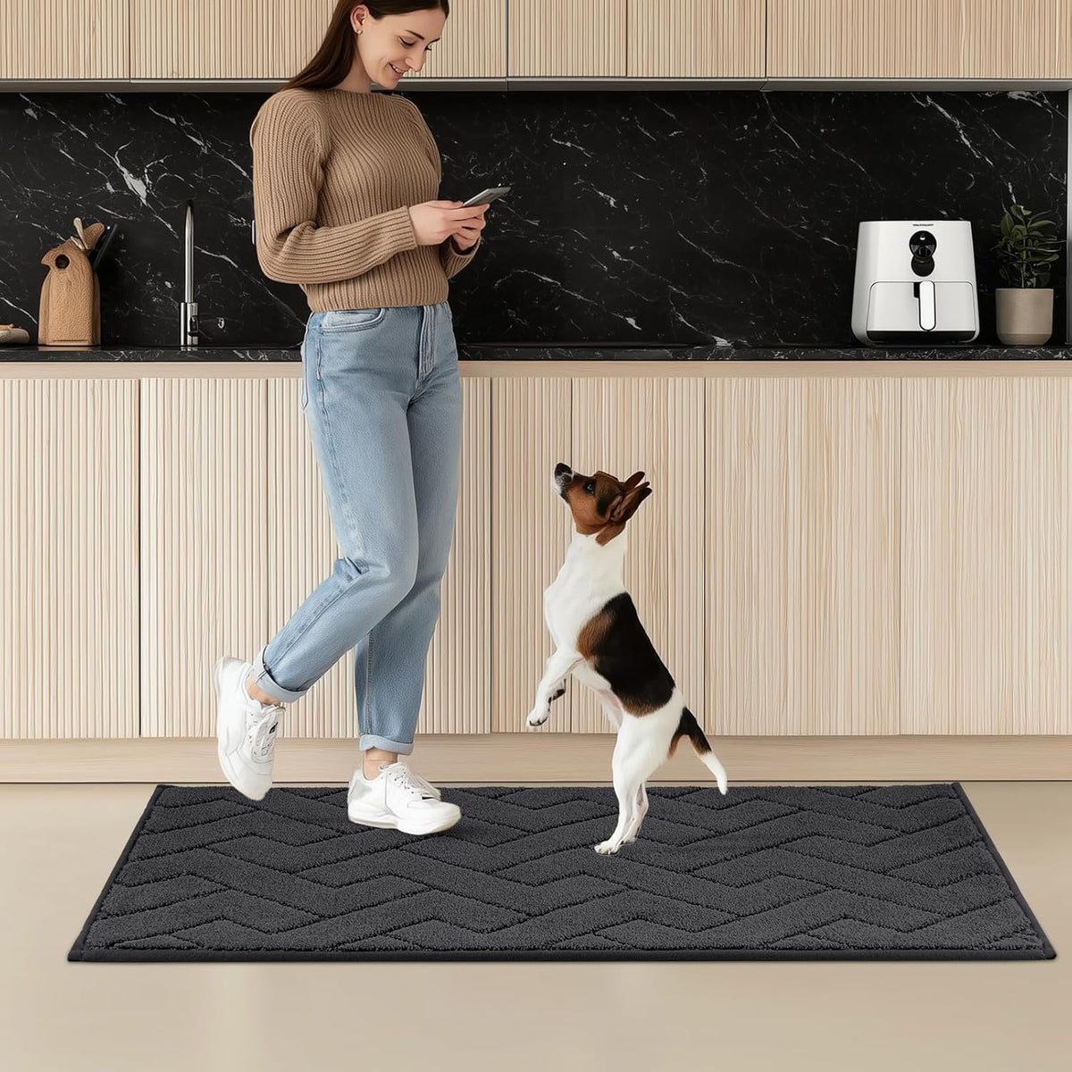 Machine Washable Kitchen Rugs Set (24" x 36"+24" x 60"), Non-Slip Kitchen Runner Rugs Mats for Floor, Absorbent Comfort Standing Mats for Kitchen, Sink and Hallway, Rolled Packaging, Charcoal