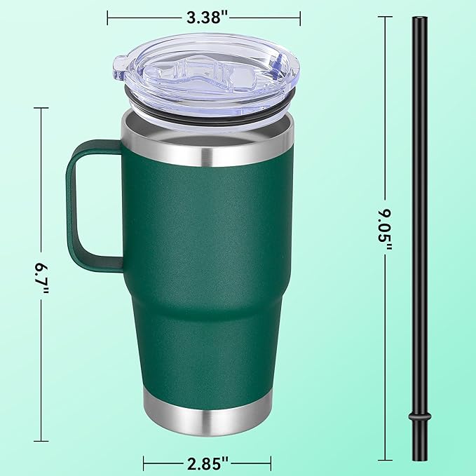 20 oz Stainless Steel Tumbler with Handle Bulk Metal Insulated Tumblers Travel Coffee Mug with Handle Double Wall Tumbler Cup with Lid and Straw, New Dark Green 12 Pack