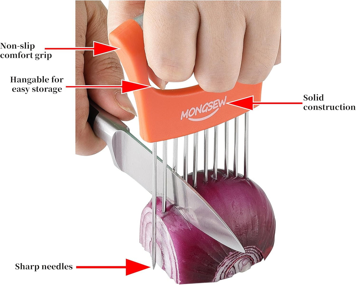 Onion Slicer Holder, MONGSEW Stainless Steel Onion Cutter for Slicing and Storage of Onions, Avocados, Eggs, Dishwasher Safe, Protective Cover Included (Stylish Orange)