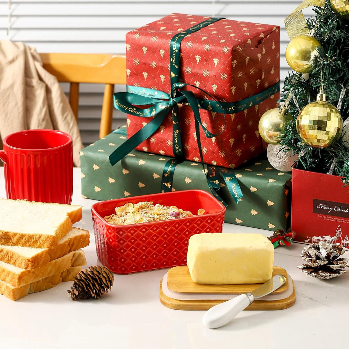 Ceramic Butter Dish with Lid,Large Butter Container with Airtight Cover for Countertop or Refrigerator,Farmhouse Kitchen Butter Holder for New Year Gift,Dishwasher Safe,Red Embossed Pattern