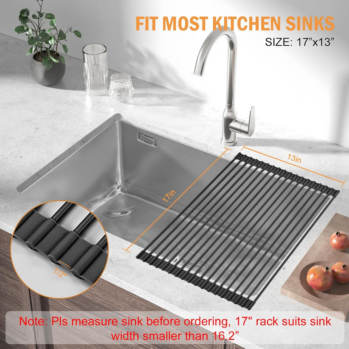 LEMIKKLE Roll Up Dish Drying Rack 17" x 13", Over The Sink Dish Drainer Rack, Foldable Sink Drying Rack, Anti-Slip Silicone Wrapped Dish Drainer for Kitchen Counter (Black)