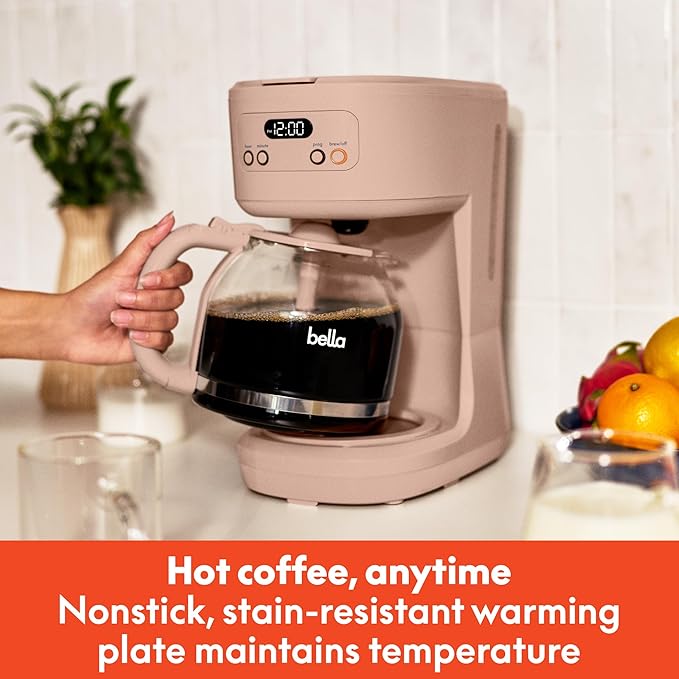 bella 12 Cup Programmable Coffee Marker, Reusable Dishwasher Safe Accessories, Easy LCD diaply, Auto Shutoff, 900 watt, Blossom