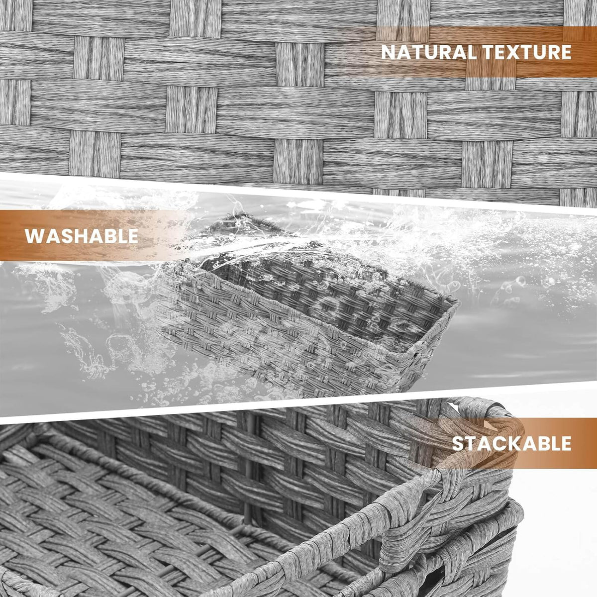 Large Wicker Storage Basket, Metal Frame, Set of 2, Washable Waterproof, 15" x 10.3" x 5.2", Grey Color, Woven Basket for Pantry, Toilet, Bathroom, Bedroom, Patio