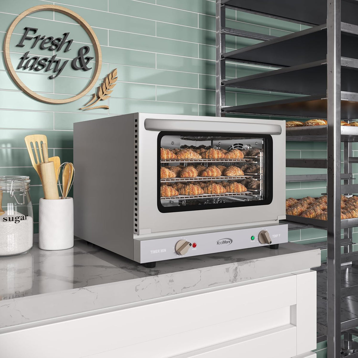 KoolMore 19 in. Countertop Convection Oven for Quarter-Size Pans with 3 Racks 1440W of Power in Stainless-Steel, 0.8 cu. ft. ETL Listed (KM-CTCO-08)