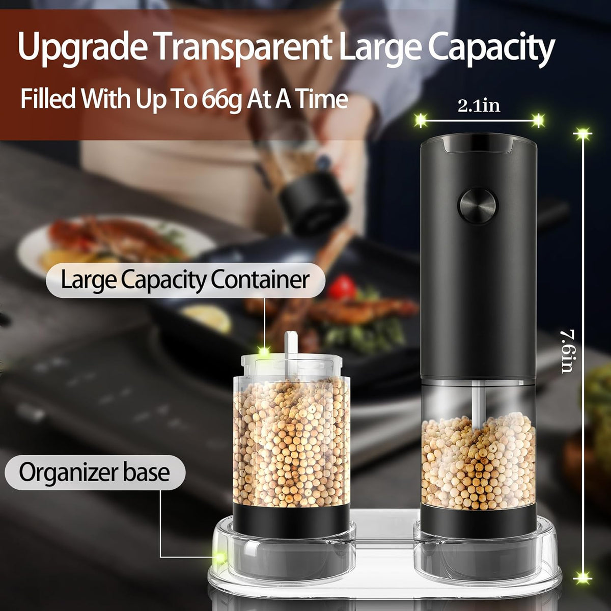 Electric Salt and Pepper Grinder Set, Automatic Mill, Adjustable Coarseness, LED Light - Convenient One-Hand Operation - Perfect for Kitchen and BBQ - Includes Salt and Pepper Shakers (2 Pack)