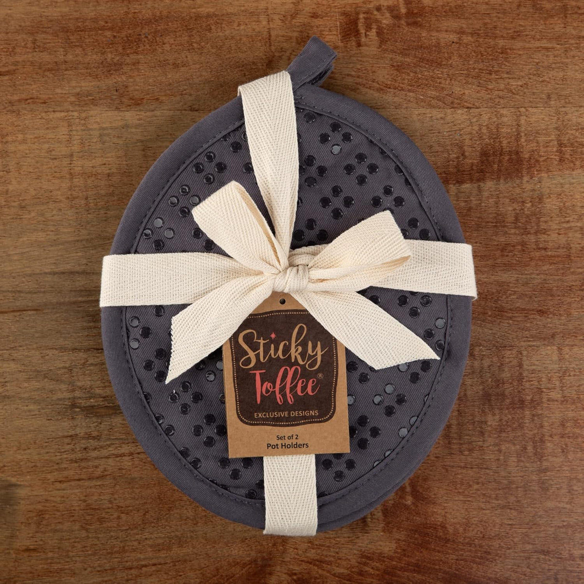 Sticky Toffee Silicone Pot Holders Set of 2, Gray, Heat Resistant to 500°F, Non-Slip Oven Hot Pads with Oeko-Tex Cotton Shell, 7 x 9 in