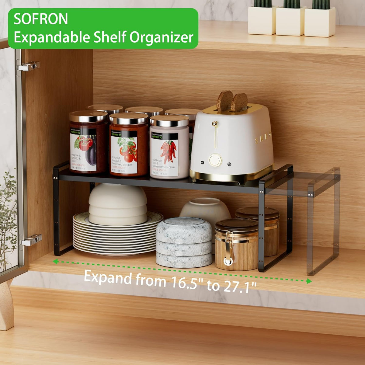 Expandable Cabinet Storage Shelf Stackable Organizer Rack for Kitchen Bathroom Pantry Spice Cupboard Countertop Home Office Desk Heavy Duty Nonslip Black Small 3 Pack