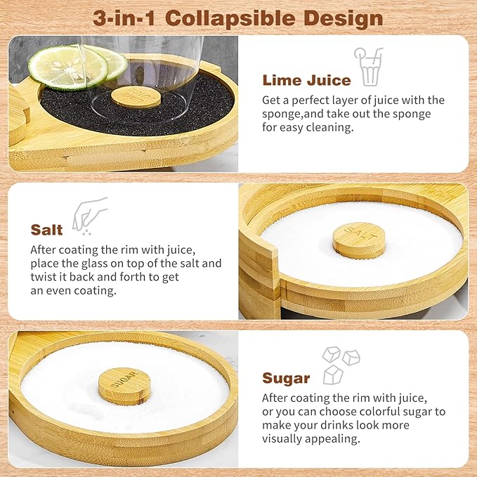 Margarita Salt Rimmer Set,1 Pack 3 Tier Bar Glass Rimmer Bamboo Wood Sugar Salt Box with Sponge,Bartender Tool for Cocktail and Margarita