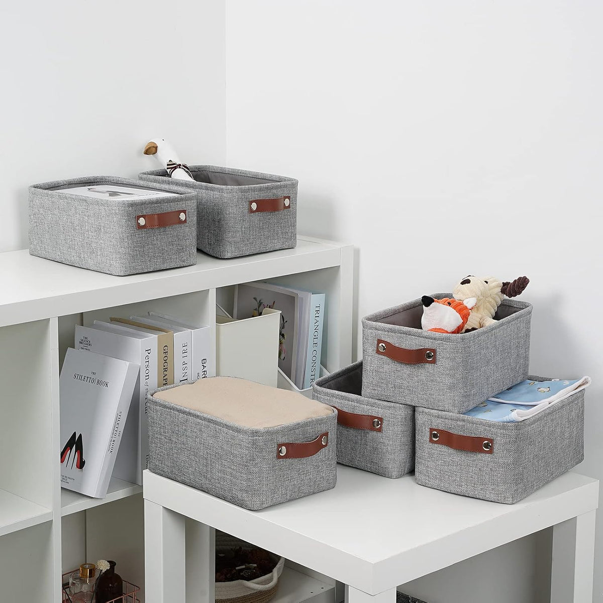 DULLEMELO Small Storage Baskets 11.8"x7.9"x5.1", Fabric Storage Bins for Shelves,Closets,Nursery,Home,Office [3 Pack], Collapsible Storage Baskets with Leather Handles (Gray)