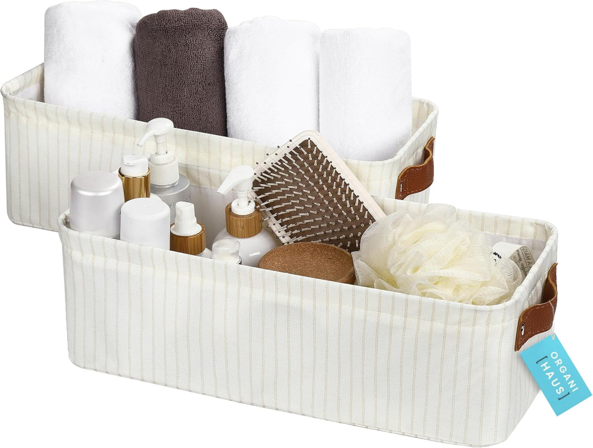 OrganiHaus Narrow Storage Bins 15x06in, Small Closet Bins for Shelves, Bathroom Storage Baskets, Narrow Baskets, Fabric Organizer with Handles, Toilet Paper Organizer - 2 Pack, White w/Brown Stripes