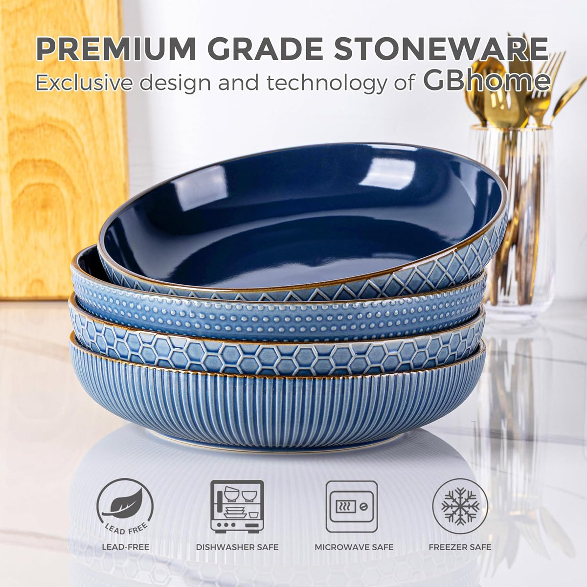 GBHOME 9.5'' Large Pasta Bowls, 42 Ounce Stoneware Salad Bowls for Kitchen, Ceramic Serving Bowls With Textured Pattern for Pasta,Fruit, Stews,Noodle, House-warming Gift, Set of 4-Moonlight Blue