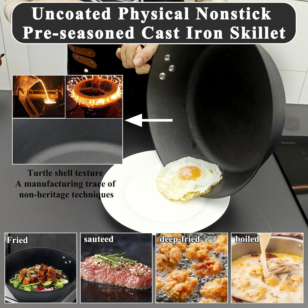 11 Inch ICH Cast Iron Saute Pan with Lid - Handcrafted Clay Mold, Tortoise Shell Texture for Non-Stick, Pre-Seasoned Deep Frying Pan Skillet for All Cooktops & Oven Safe