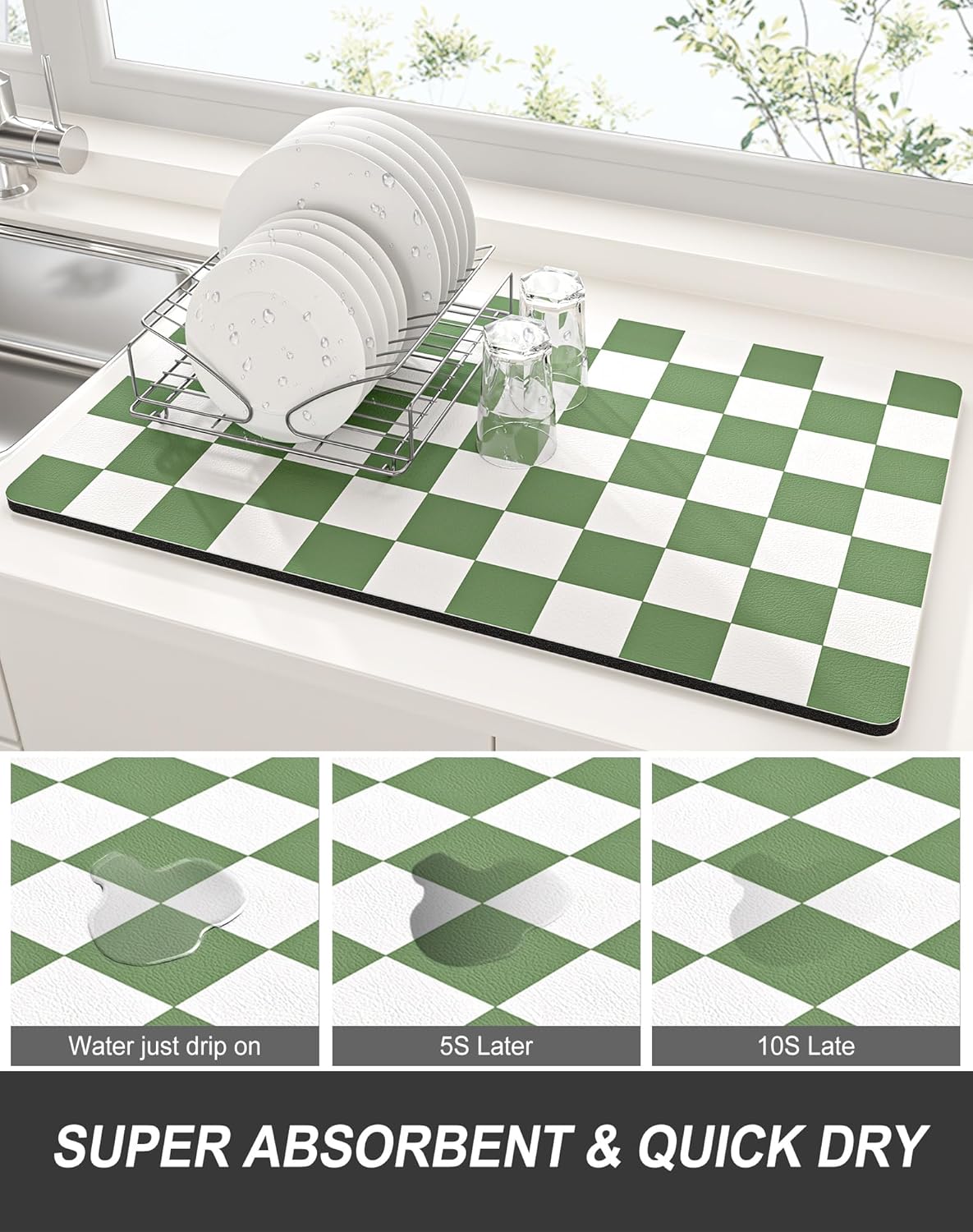 Rnivvi Dish Drying Mat for Kitchen Counter, 12 x 19" Cute Checkered Absorbent Draining Pad, Non-Slip Heat Resistant Coffee Bar Mats for Coffee Machine Station Accessories, Green White Dish Rack Pad