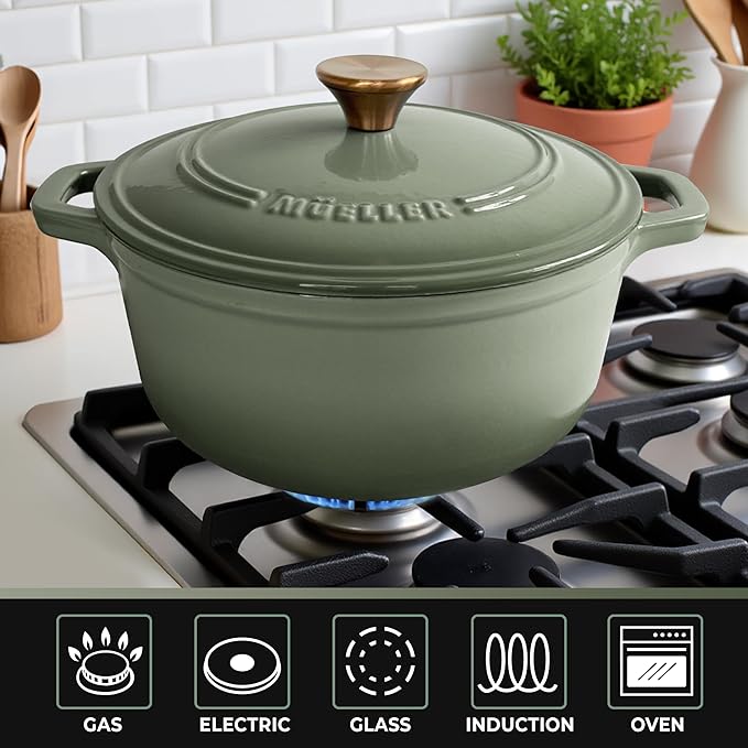 MUELLER HOME 6 Quart Enameled Cast Iron Dutch Oven For Sourdough Bread Baking, Heavy-Duty, Oven-Safe up to 500° F & Across All Cooktops, Casserole Dishes, Green Kitchen Accessories, Thyme Green