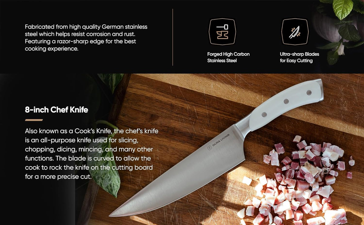 3-Piece Kitchen Knife Set – Ultra-Sharp German Stainless Steel, 8” Chef, 5” Utility, and 3.5” Paring Knives with Ergonomic Handles, Multipurpose Kitchen Knife Set, Clear