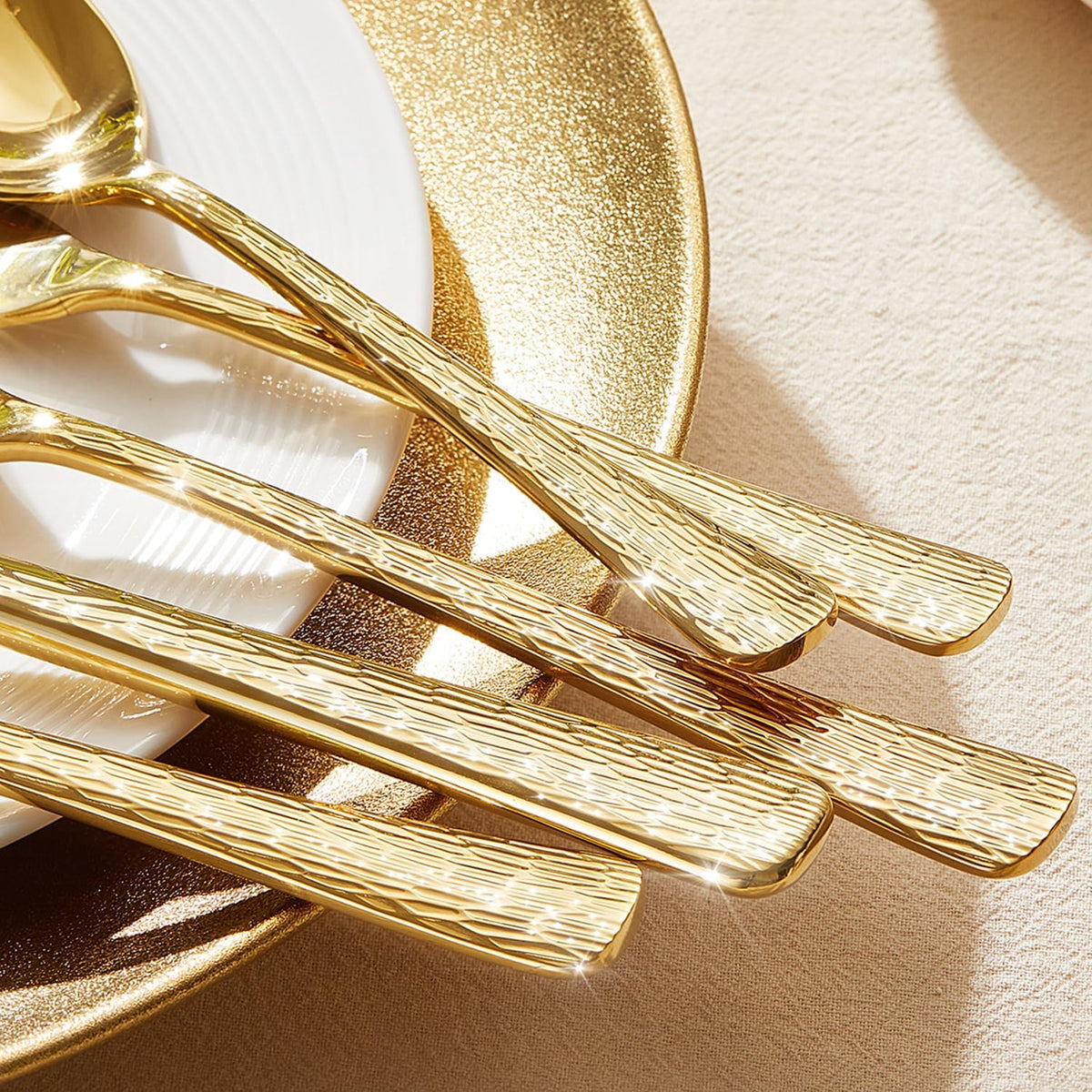 KINGSTONE Gold Hammered Silverware Set, Flatware Set with Serving Utensils, 18/10 Stainless Steel Premium Cutlery with Unique Ripple Handles Design Mirror Polished - Dishwasher Safe (65-Piece)