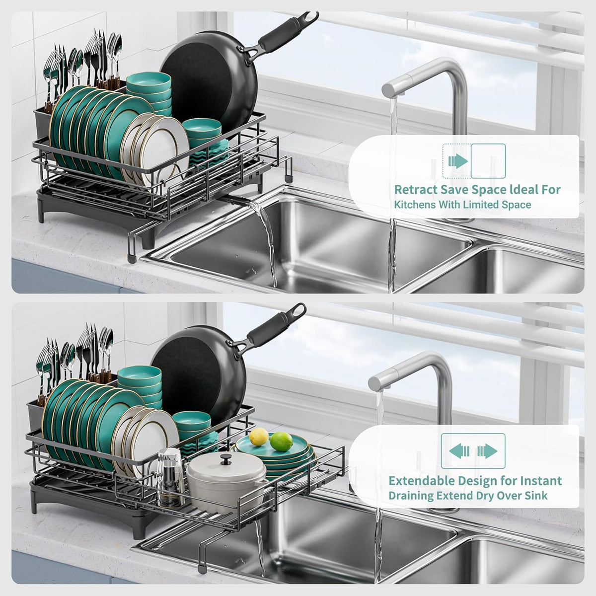 Large Dish Drying Rack - Expandable Dish drainers for Kitchen Counter,Over The Sink Dish Drainer Drying Rack,Rustproof Dish Drainer with Utensil Holder and Drainboard