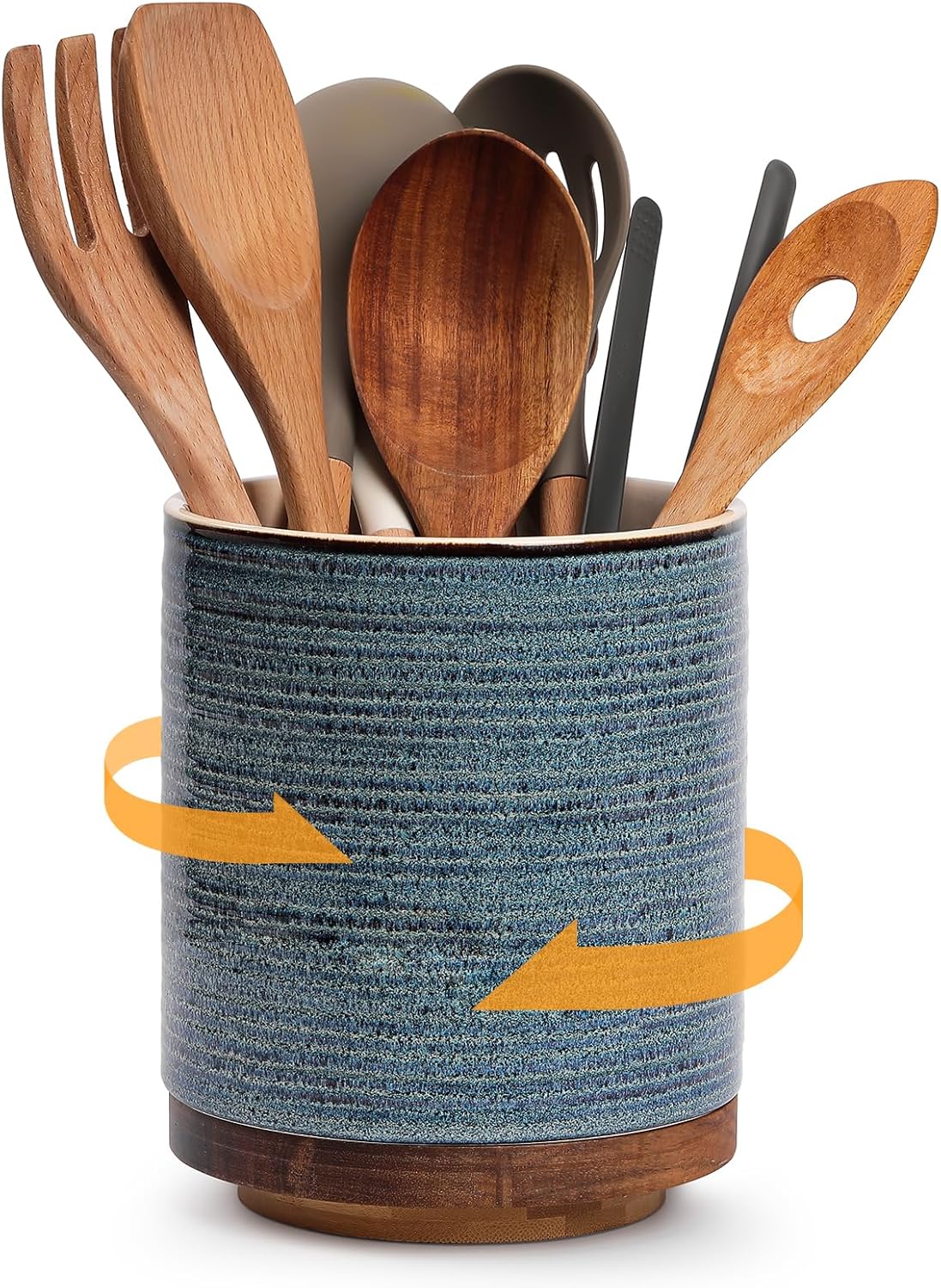DOWAN 360° Rotating Extra Large Cooking Utensil Holder, 7.6" Kitchen Utensil Holder for Countertop, Utensil Crock for Farmhouse Kitchen Decor, Ceramic Stable Utensil Caddy, Blue