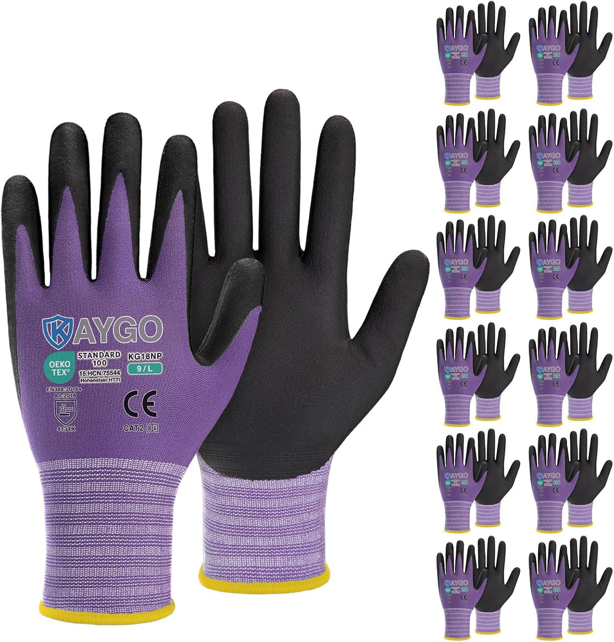 KAYGO Safety Work Gloves MicroFoam Nitrile Coated, 12 Pairs KG18NB,Seamless Knit Nylon Glove for Men and Women, Ideal for Automotive,Warehouse,Construction (L, Purple)