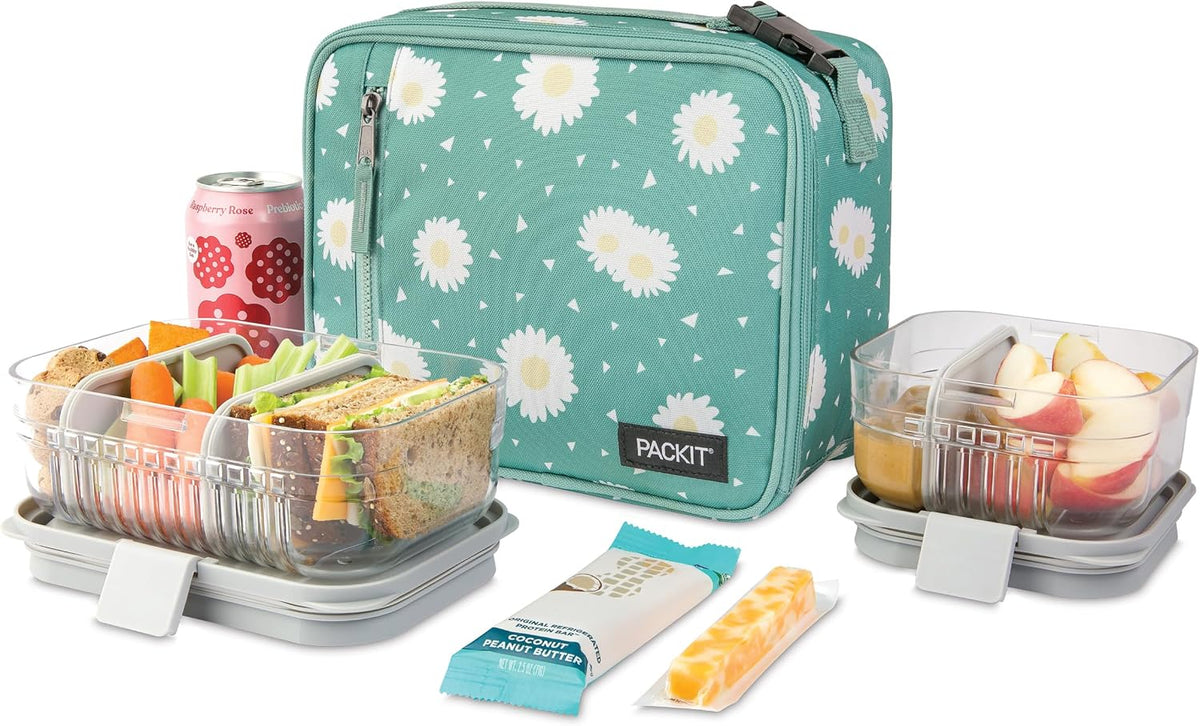 PackIt Freezable Classic Lunch Box, Daisy Sage, Built with ECOFREEZE Technology, Collapsible, Reusable, Zip Closure With Zip Front Pocket and Buckle Handle, Designed for Fresh Lunch On the Go
