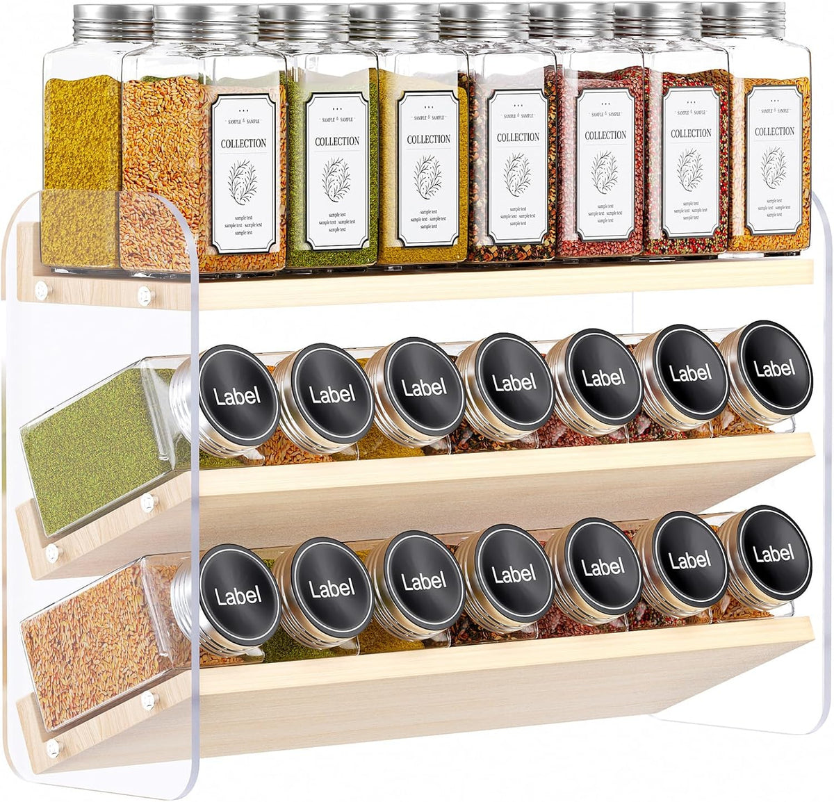 MUDEELA Clear Spice Rack Organizer for Cabinet, 3 Tiered Vertical Spice Shelf, Wooden Seasoning Organizer for Countertop, Kitchen, Pantry, Freestanding, 13.3" W × 11.2" H (No Jars Included)