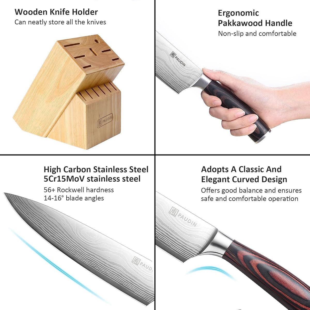 PAUDIN Kitchen Knife Set with Block, 14 Pieces Knife Sets for Kitchen with Block, High Carbon German Stainless Steel Sharp Chef Knife Set with Ergonomic Pakkawood Handle