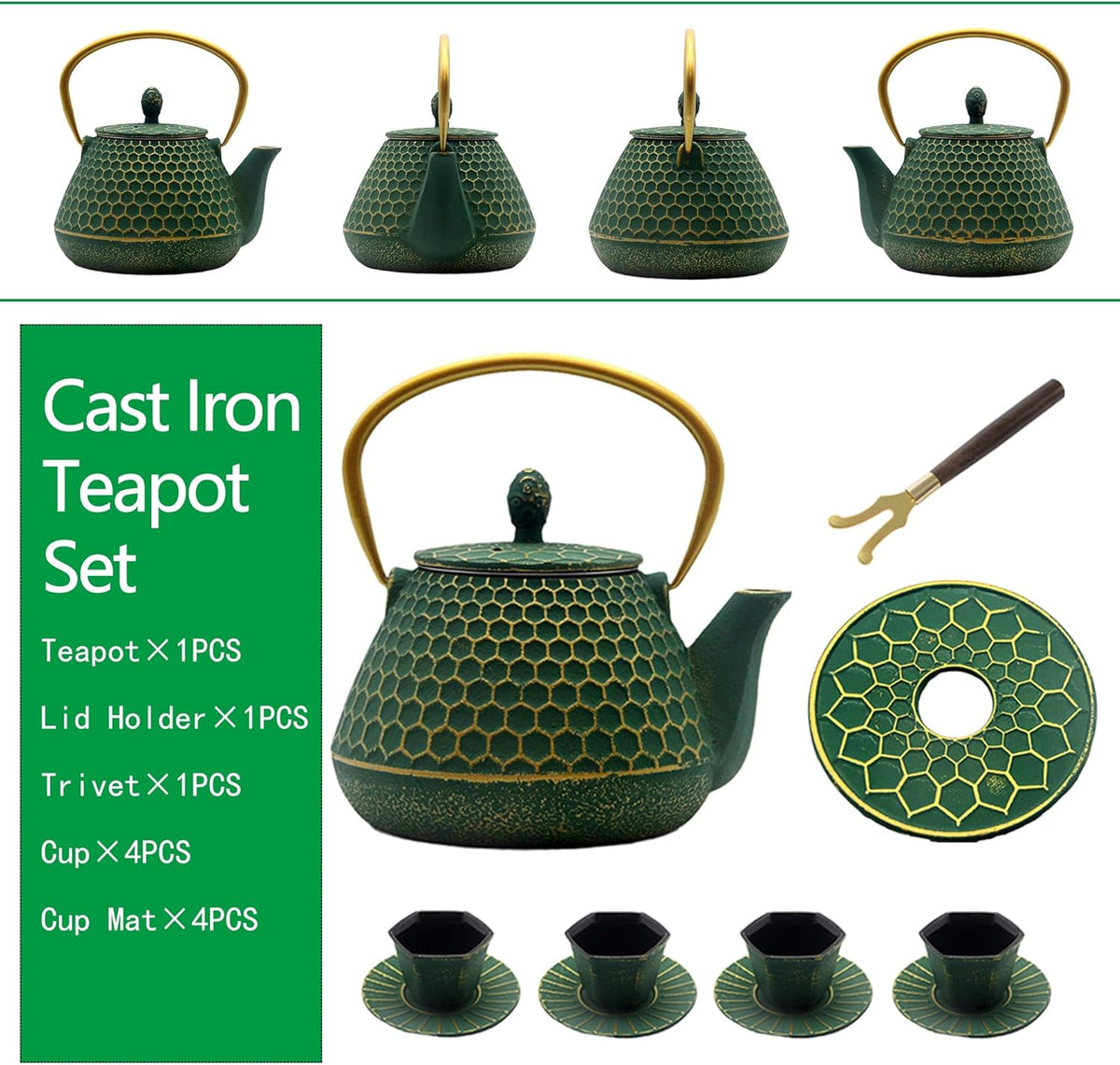 Cast Iron Tea Kettle Set, 33.8oz Hexagon Pattern Teapot Set with Cups and Cup Mats, Teapot Coated with Enameled Interior, Durable Cast Iron Teapot Set with Stainless Steel Infuser