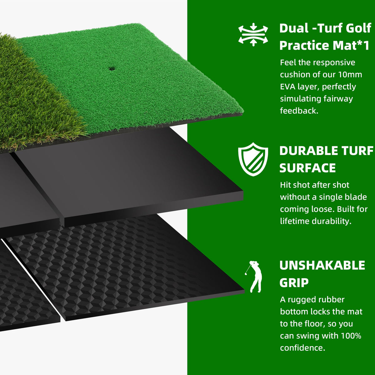 Dual-Turf Golf Hitting Mat – Golf Practice Mat, Foldable & Portable Golf Turf Mat with 8 tees, Golf Chipping & Putting Mat for Indoor/Outdoor Practice