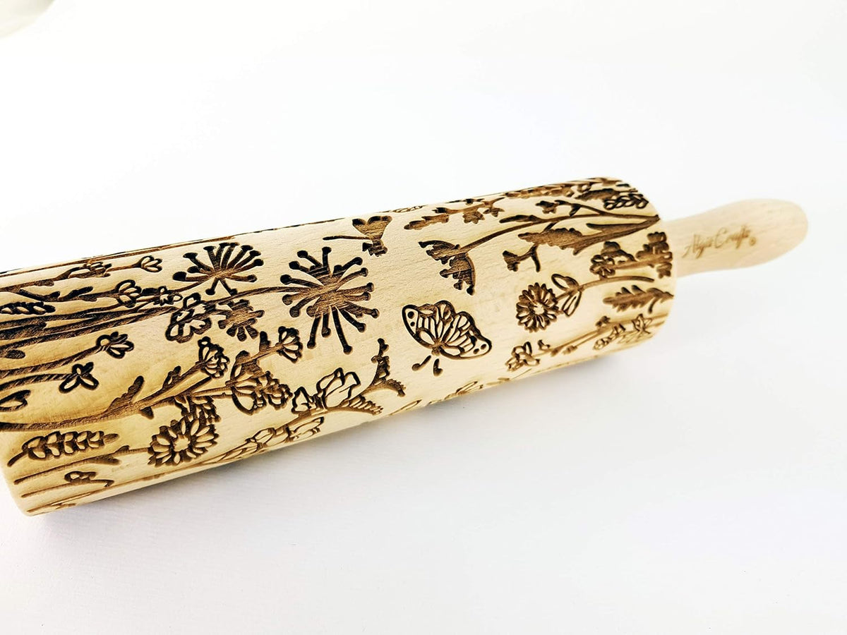 MEADOW Embossing Rolling Pin. Laser Engraved Rolling Pin for Pottery and Cookies by Algis Crafts
