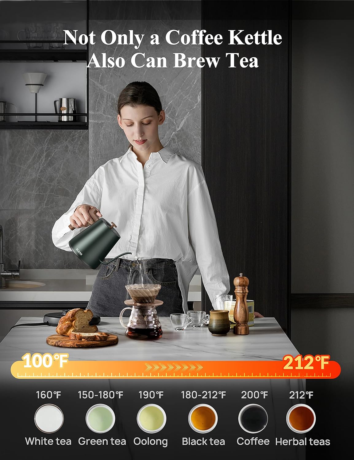 KLEAH Gooseneck Electric Kettle with Temperature Control - 0.8L Automatic Shut Off Tea & Coffee Kettle, Hot Water Boiler Pour Over Coffee Kettle, 1200W Quick Heating Keep Warm, Green