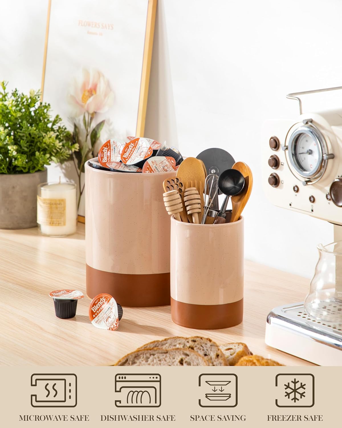 MALACASA Utensil Holder, 5.5" Ceramic Kitchen Utensil Holder for Countertop, Cooking Utensil Crock for Kitchen Counter, Farmhouse Utensil Organizer for Spatula & Spoon, Khaki Pink, Series TARA