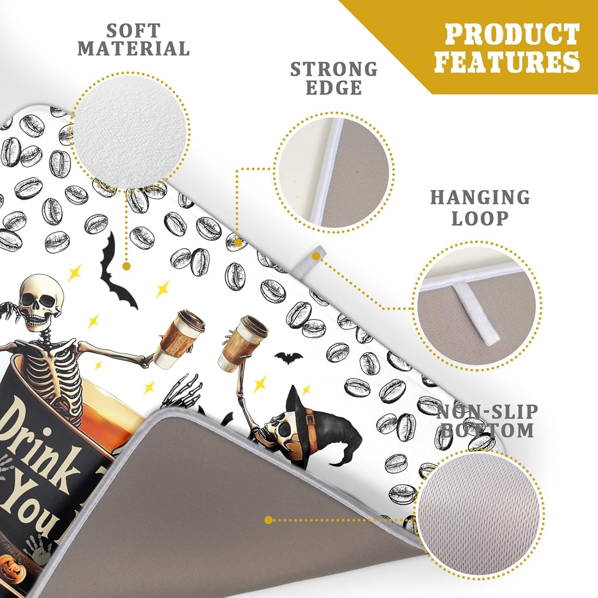 Skull Dead Coffee Mat Funny Dish Drying Pad for Kitchen Counter Absorbent Coffee Bar Accessories 18 X 24 Inch