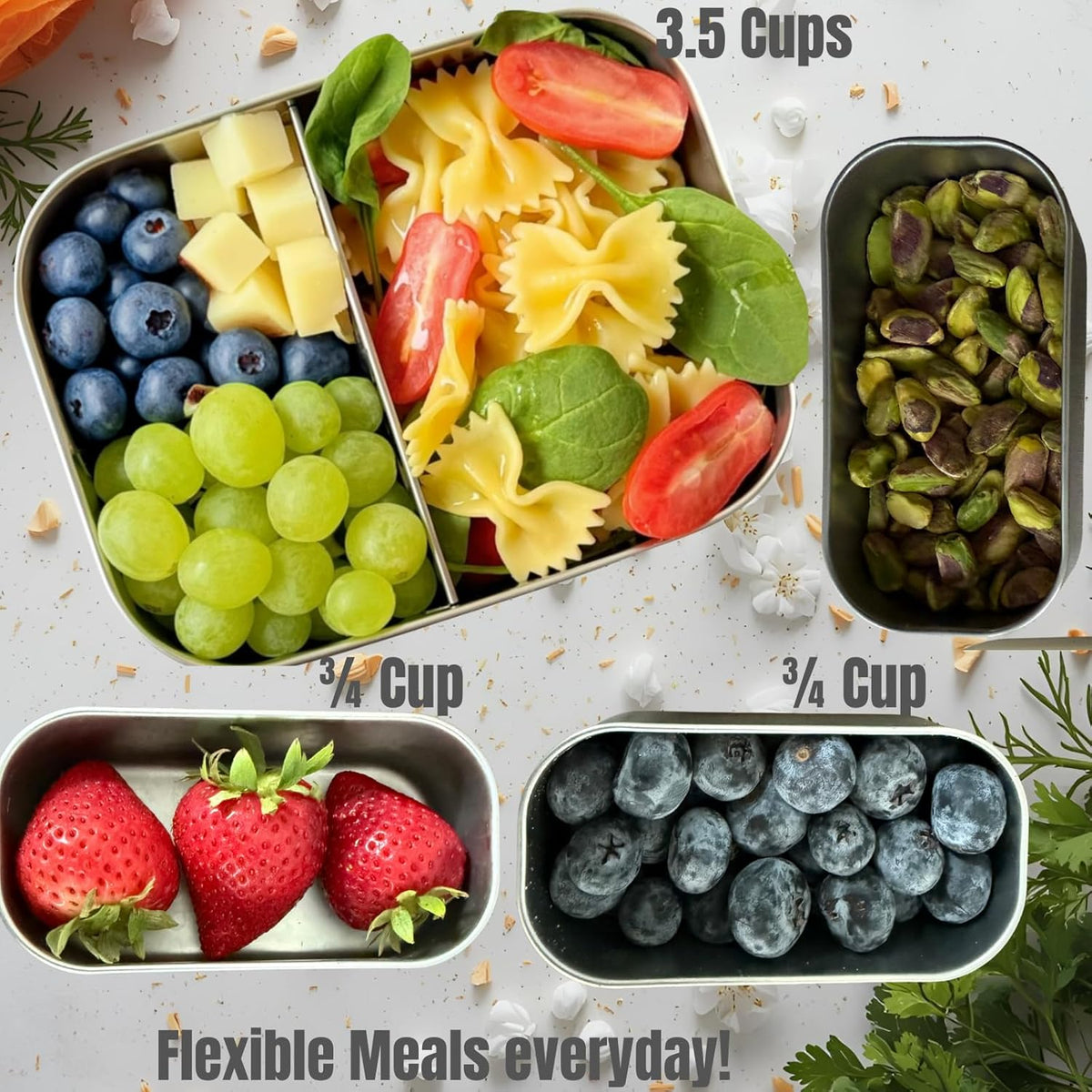 Flexibento - Leak proof Stainless Steel Lunch Box | Lunch Containers| Steel Bento Box |Sandwich Containers| Snack Containers |Metal lunch Box |Vanilla| 1 * 27 OZ+2 * 6.5 OZ|SIlicone lids