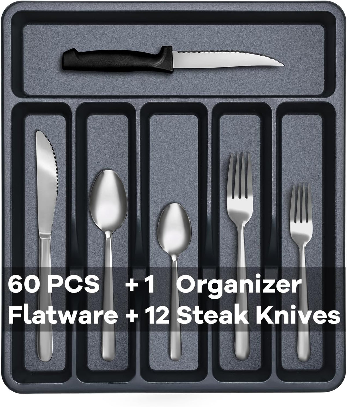 Pleafind 73-Piece Silverware Set with Organizer, Stainless Steel Silverware Sets for 12, Cutlery Utensil Sets with Steak Knives, Include Forks Spoons Knives ＆ Silverware Organizer, Dishwasher Safe