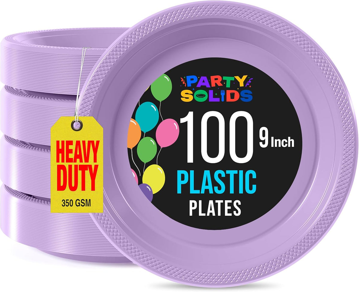 Exquisite Party Solids Lavender Plastic Plates For Party 9" Lavender Disposable Plates Heavy Duty Supplies 100 Pcs Plastic Dinnerware Sets Heavy Duty 350 GSM Disposable Dinnerware Set